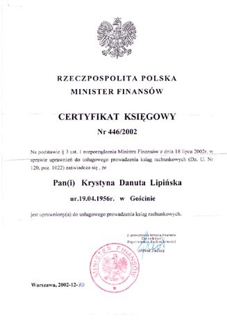 Certyfikat Ksiêgowego wydany przez ministra finansów